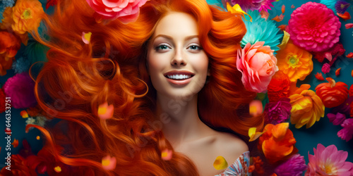 redhaired girl with gorgeous voluminous long dense hair on flowers background. hair dye, hairstyle © zamuruev