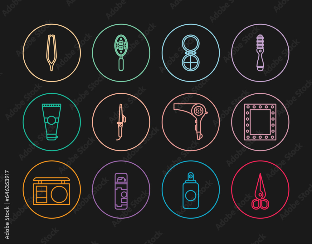 Set line Scissors, Makeup mirror with lights, powder, Curling iron, Lotion cosmetic tube, Eyebrow tweezers, Hair dryer and Hairbrush icon. Vector Set line Scissors, Makeup mirror with lights, powder, Curling iron, Lotion cosmetic tube, Eyebrow tweezers, Hair dryer and Hairbrush icon. Vector
