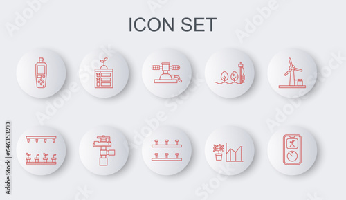 Set line Smart farming technology, Automatic irrigation sprinklers, Flower statistics, Portable sensor, and icon. Vector