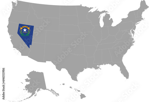 Map of US federal state of Nevada with state flag within gray map of United States of America