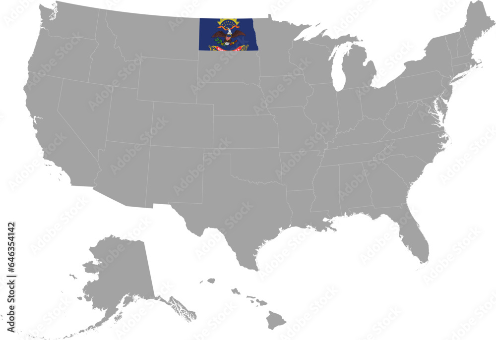 Map of US federal state of North Dakota with state flag within gray map of United States of America