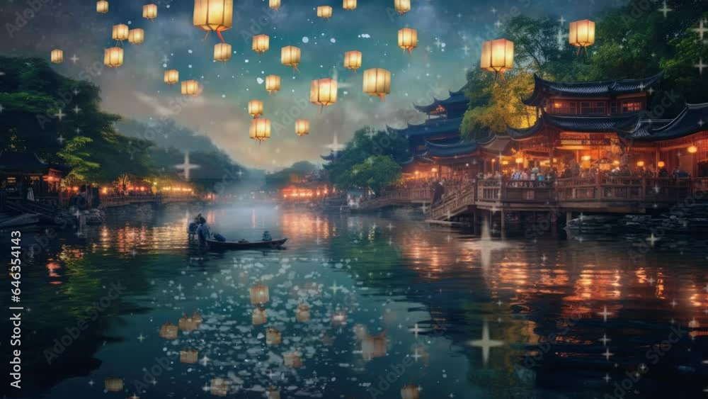 Chinese New Year with floating lantern in sky.  seamless looping time-lapse virtual video animation background.	