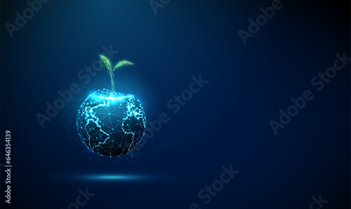 Abstract green plant sprout grows from the planet Earth. Environment protection concept. Low poly style design