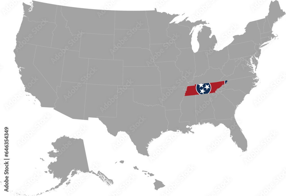 Map of US federal state of Tennessee with state flag within gray map of United States of America