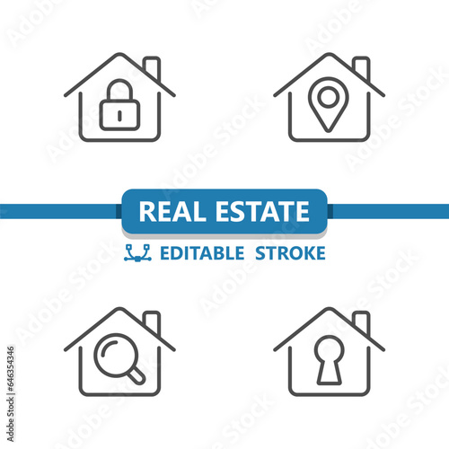 Real Estate Icons. House  Houses  Building  Lock  Location  Magnifier  Keyhole Vector Icon