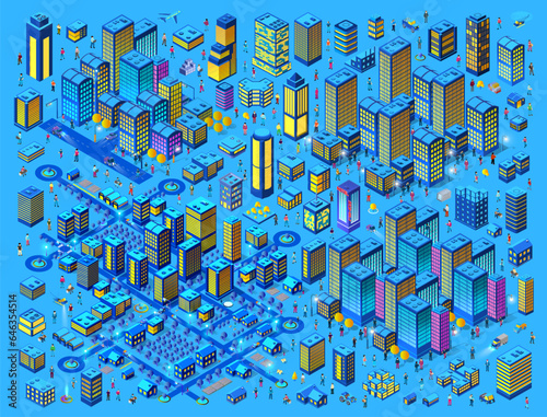 Night isometric smart blue ultraviolet block quarter city at night with lights
