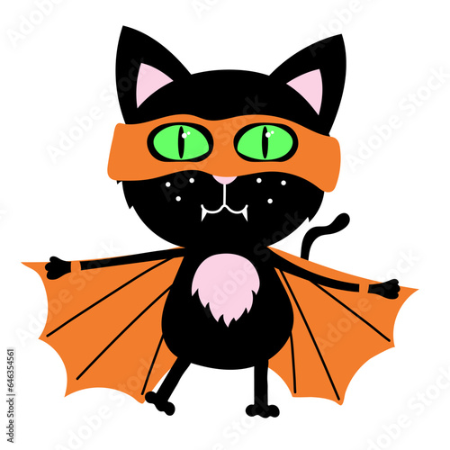 Cute black cat dressed as a bat, vampire, batman. Happy Halloween sticker of ghoul. holiday clipart count dracula