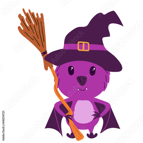 Happy Halloween sticker with Cute bat in a witchs hat and with a broom. holiday clipart