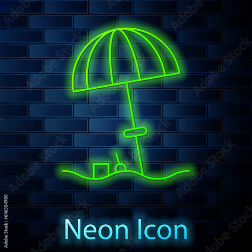 Glowing neon line Sun protective umbrella for beach icon isolated on brick wall background. Large parasol for outdoor space. Beach umbrella. Vector Illustration