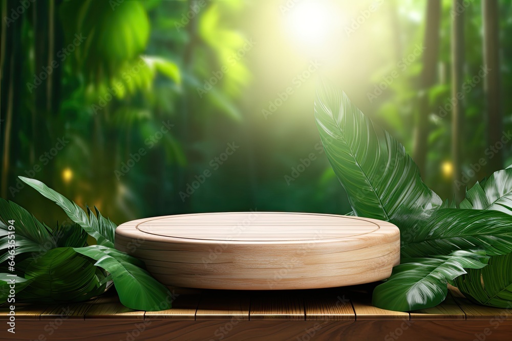 photo podium mockup display for product presentation with tropical palm leaves 3d rendering photo podium mockup display for product presentation with tropical palm leaves 3d rendering