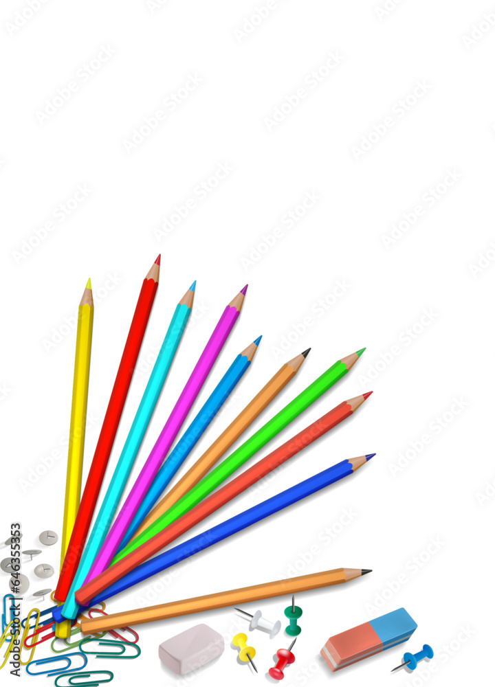 Colored pencils for school. Vector illustration of a set of stationery for school activities. Template for creativity.