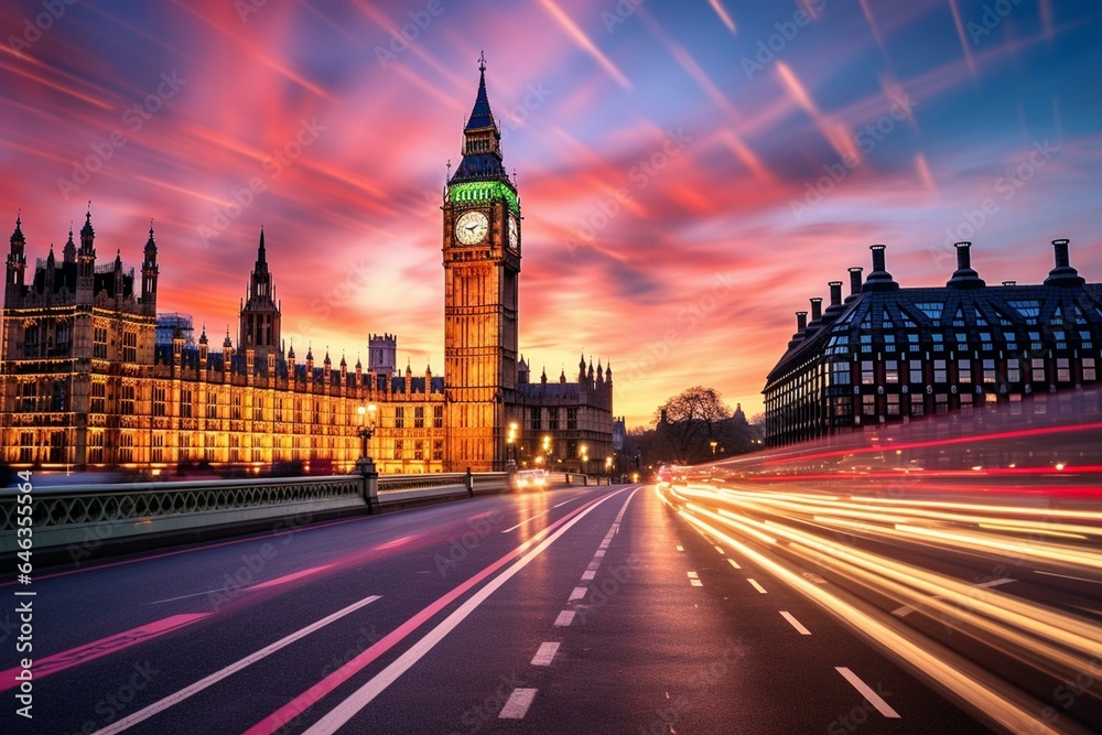 Sunset cityscape with iconic clock tower and parliamentary buildings illuminated by long exposure light. Generative AI