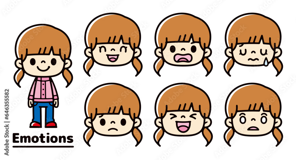 Set of illustrations of white girls with various expressions Set of illustrations of white girls with various expressions