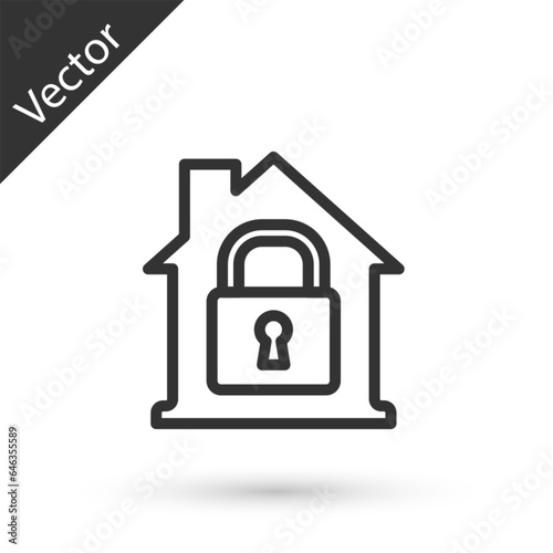 Grey line House under protection icon isolated on white background. Home and lock. Protection, safety, security, protect, defense concept. Vector