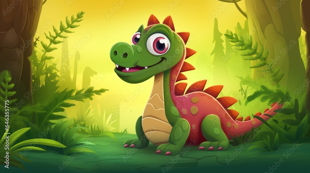 Cartoon big Brontosaurus dinosaur in a jungle, illustration for children. Vector illustration of a Cartoon happy dinosaur standing in the jungle. Smiling colorful dinosaur childish art. Cartoon big Brontosaurus dinosaur in a jungle, illustration for children. Vector illustration of a Cartoon happy dinosaur standing in the jungle. Smiling colorful dinosaur childish art.