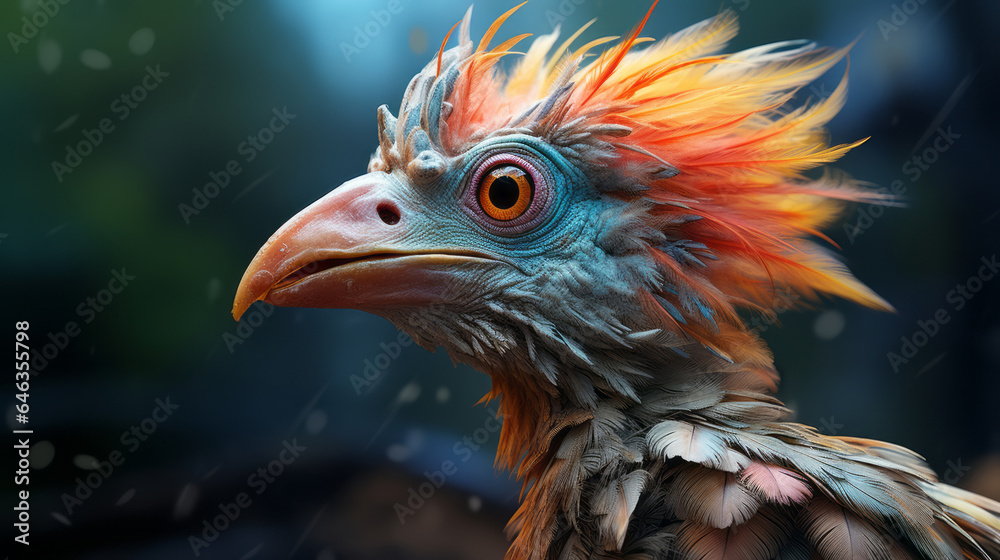 Fototapeta premium Portrait of a prehistoric Dinosaur bird with colorful feathers. Close-up concept render of an ancient bird face. Creepy ancient feathered monster in the woods.