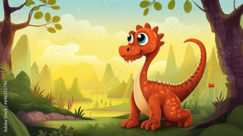 Cartoon big Brontosaurus dinosaur in a jungle  illustration for children. Vector illustration of a Cartoon happy dinosaur standing in the jungle. Smiling colorful dinosaur with spikes  childish art.