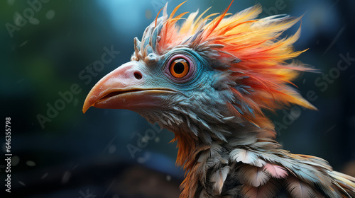 Portrait of a prehistoric Dinosaur bird with colorful feathers. Close-up concept render of an ancient bird face. Creepy ancient feathered monster in the woods.