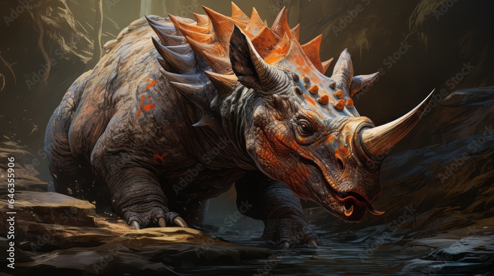Concept art of an ancient reptile walking in the forest. Prehistoric Dinosaur with horns and scales walking through the fauna. Sauropelta feeding in the woods. 3D render of an angry euoplocephalus. Concept art of an ancient reptile walking in the forest. Prehistoric Dinosaur with horns and scales walking through the fauna. Sauropelta feeding in the woods. 3D render of an angry euoplocephalus.