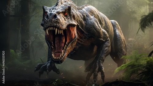 Tyrannosaurus rex roaring in the woods. Hunting angry T-Rex with a growl. Concept art of a mad ancient scary reptile in the forest. T-Rex causes chaos in the woods. 3D render of an angry dinosaur. © Valua Vitaly