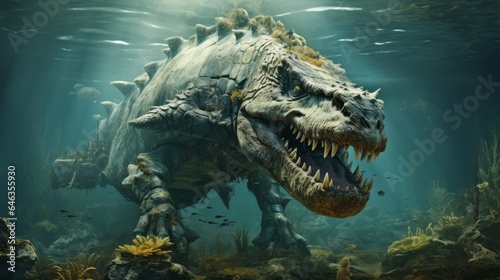Tyrannosaurus rex roaring in the water. Hunting angry T-Rex with a growl. Concept art of a mad ancient scary reptile in the sea. T-Rex causes chaos in the ocean. 3D render of an angry dinosaur. © Valua Vitaly