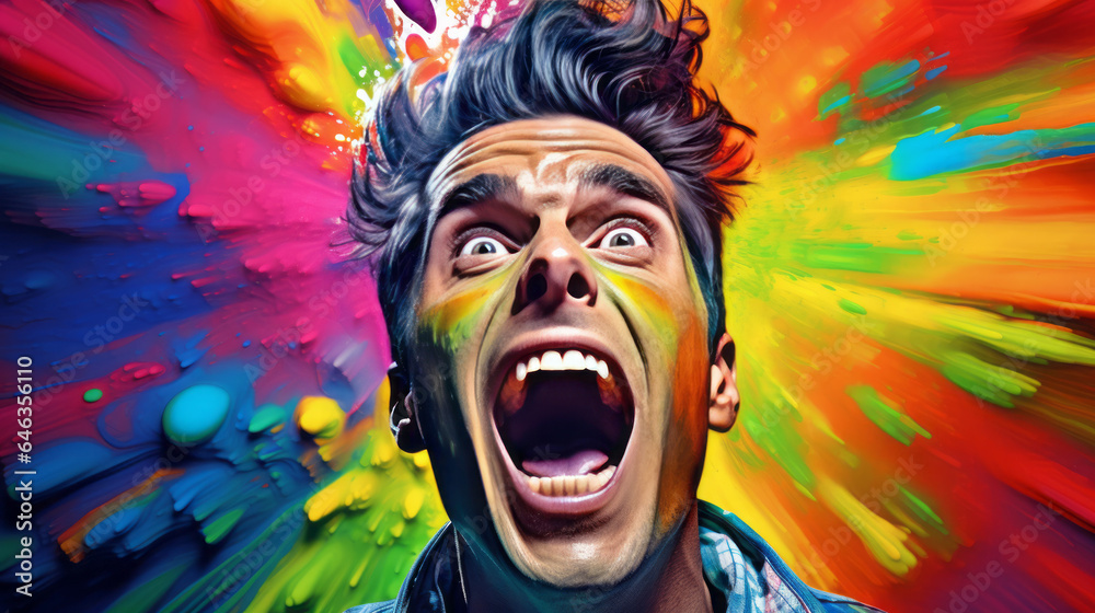 Vivid paint splashes adorn a man's face, his open mouth signalling dynamic excitement. Generative AI.