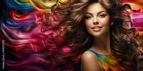 Brunette girl with long and shiny wavy hair on rainbow background. hairstyle  hair care concept