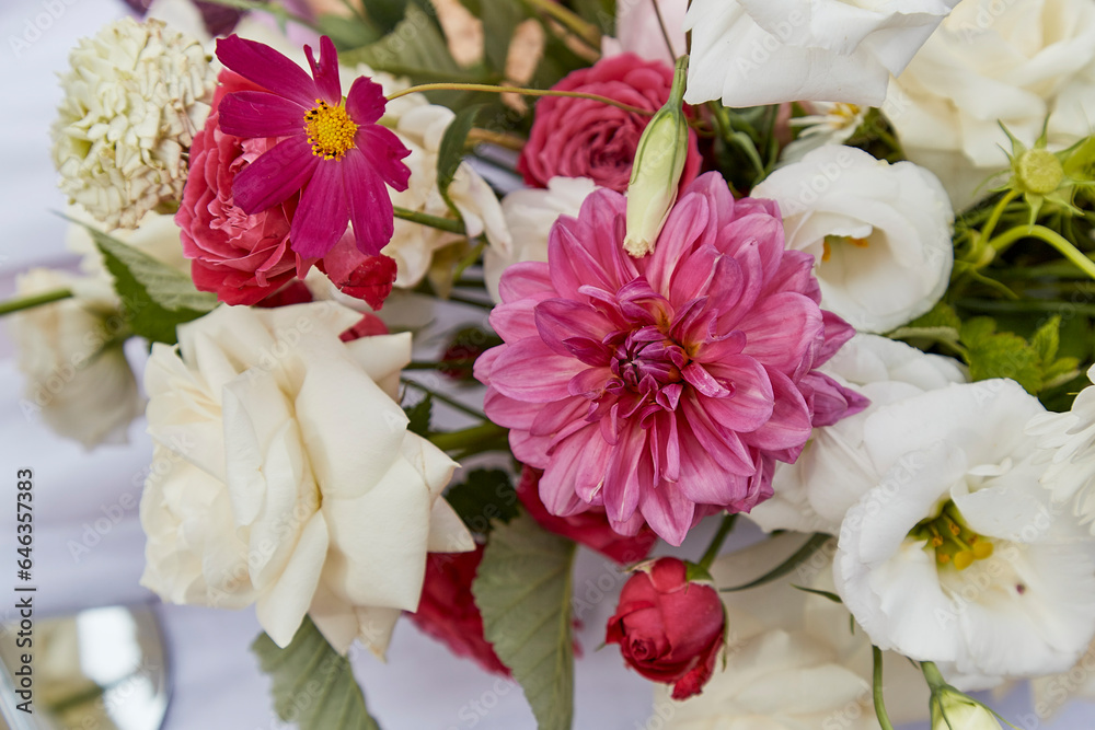 Graceful artfully arranged pink flowers bouquet. A wedding imbued with the elegance of Provence.