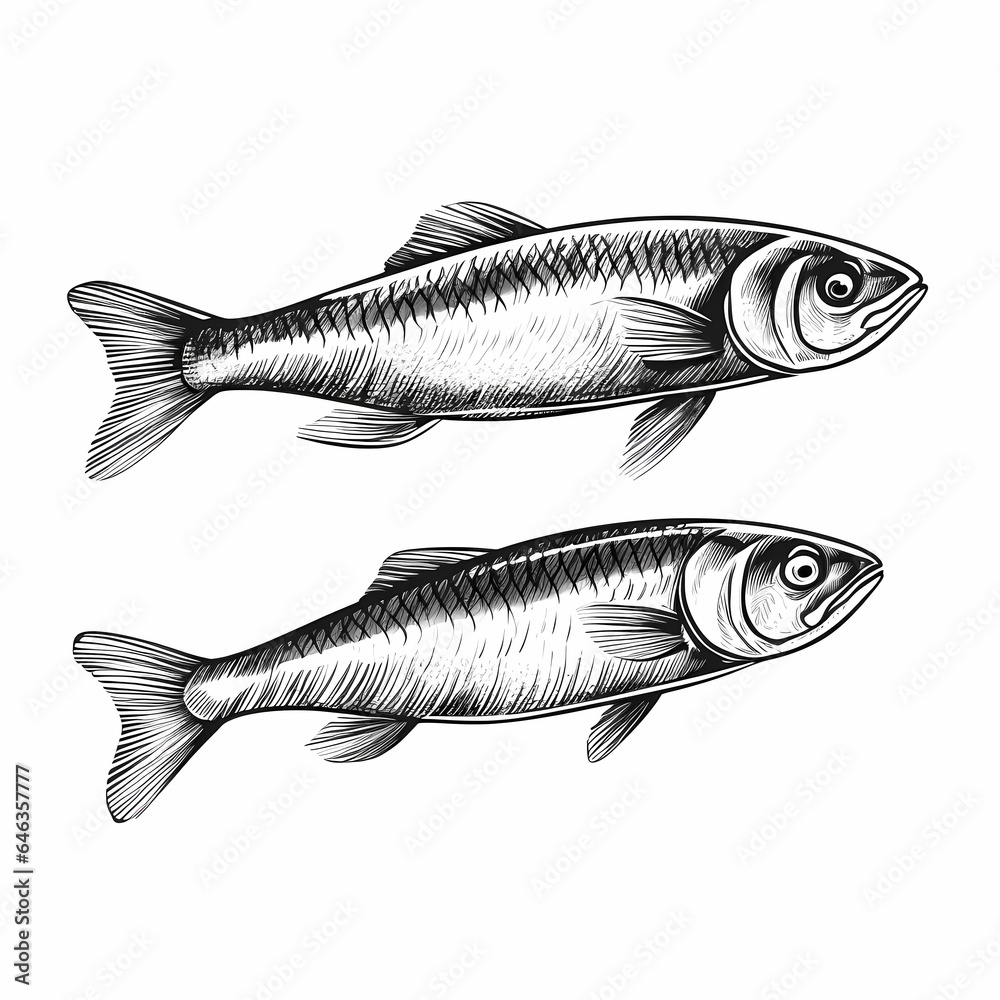 Obraz premium Couple Of Fish Drawn In Black And White