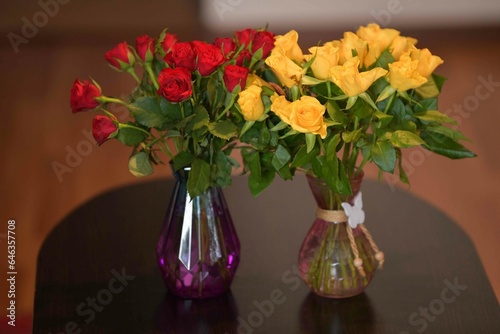 bouquet of flowers. red and yellow roses, concept for Valentine's Day.