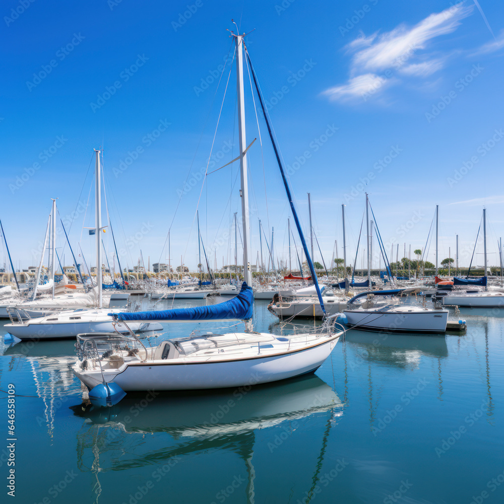 sailboats anchored in a harbor on a sunny day.