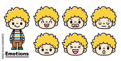 Set of illustrations of white boys with various expressions