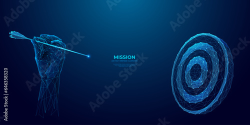 Digital close-up human hand holding a bow arrow and it is aiming at a target. Abstract business goal metaphor. Futuristic low poly wireframe vector illustration on blue technology background.