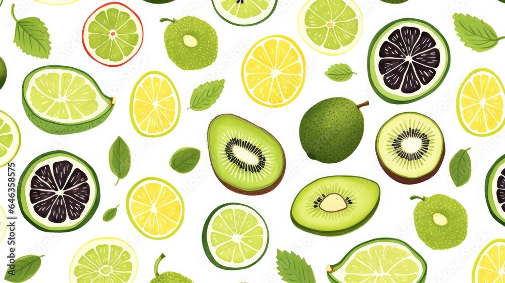Lemons, lime, kiwi and mint leaves - fresh summer fruits in hand drawn style design illustration on white background