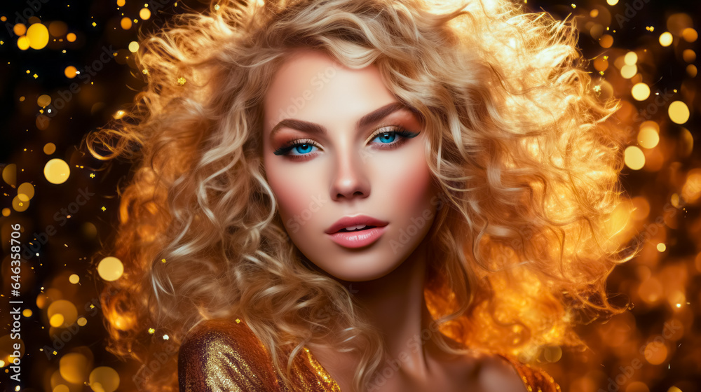 beauty blond young woman with curly hair on golden glitter background. hairstyle concept. free space beauty blond young woman with curly hair on golden glitter background. hairstyle concept. free space