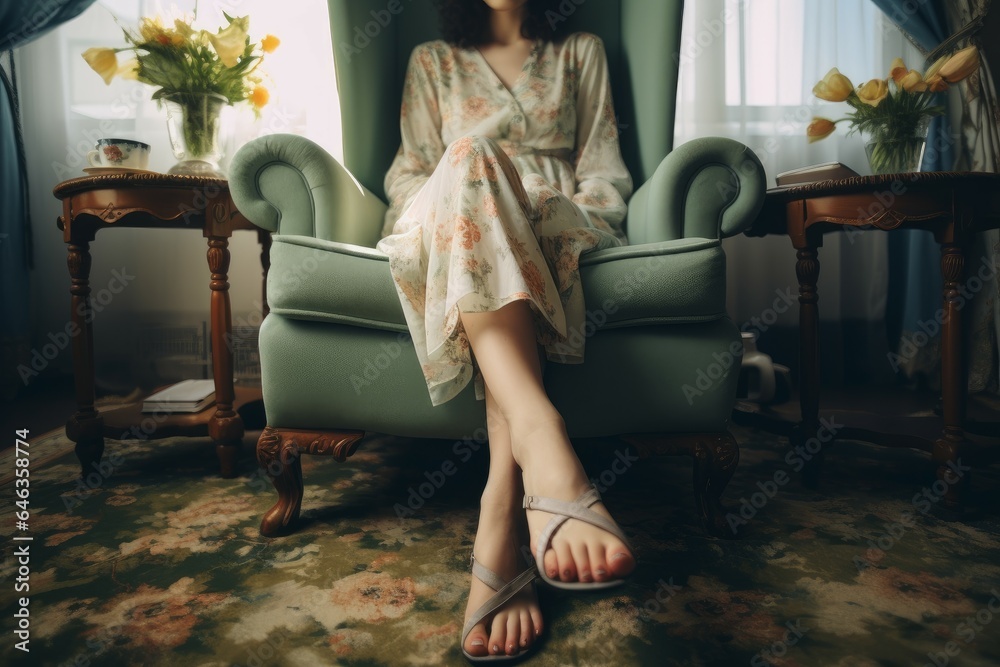 Obraz premium Woman feet on carpet drink coffee. Generate Ai