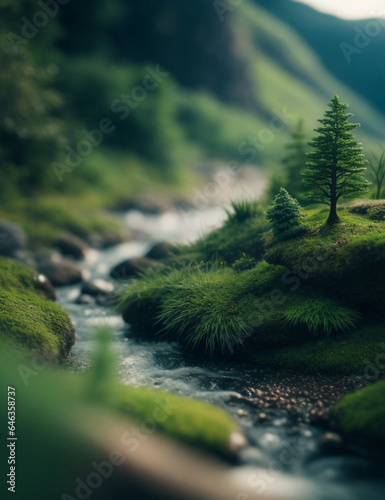 macro-world-photography-of-a-miniature-landscape,-photorealism,-tiny-mountains,-lush-green-forests,-miniature-wildlife,-detailed-river,
