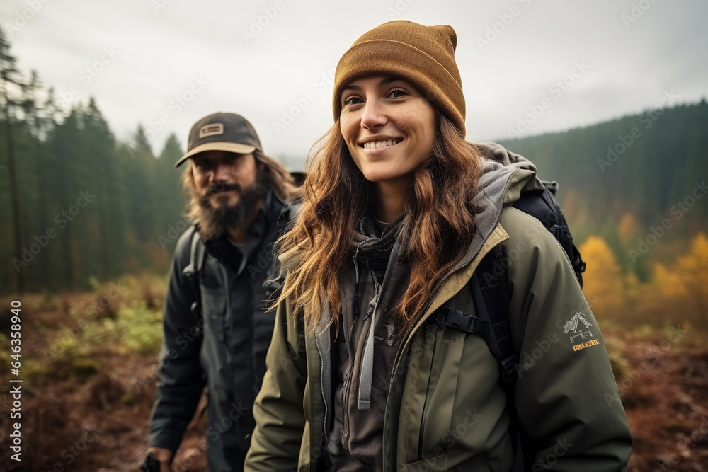 Fototapeta premium Portrait of a young couple in the autumn forest