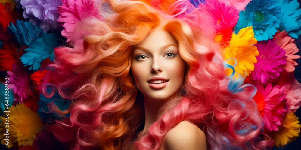 Portrait of young beautiful woman with long flowing perfect healthy colored hair. Rainbow Hairstyles