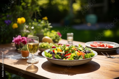 Wooden table garden breakfast salads. Generate Ai