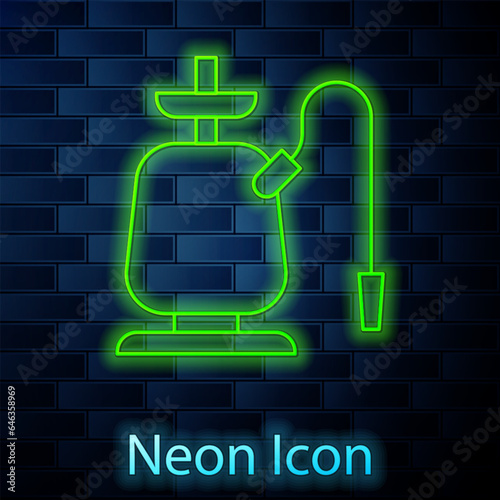 Glowing neon line Hookah icon isolated on brick wall background. Vector