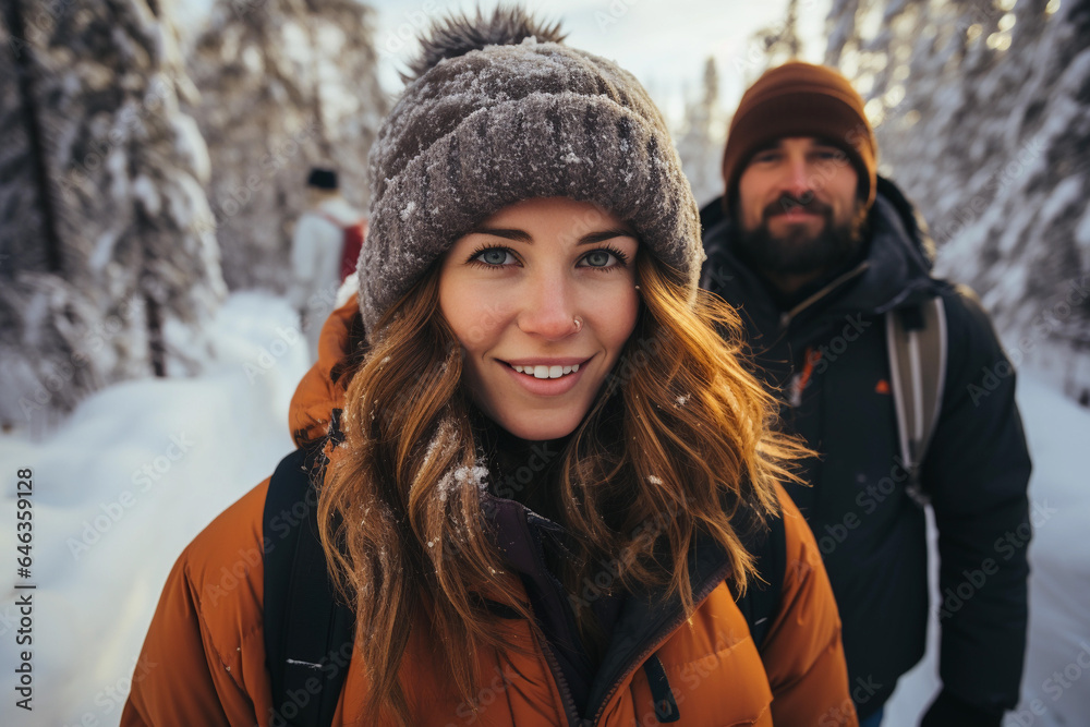Portrait of happy couple looking in the winter forest Portrait of happy couple looking in the winter forest
