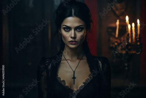 Portrait of beautiful gothic vampire woman. Female in mysterious dark Halloween costume.