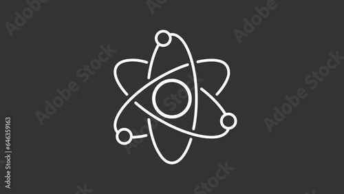 Atom white animated icon. Rotating electrons and pulsating nucleus line animation. Nuclear physics. Atomic structure. Isolated illustration on dark background. Transition alpha video. Motion graphic