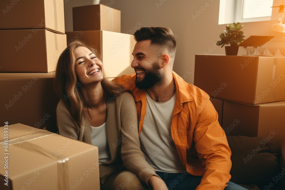 Young couple smiling near moving boxes. Generate ai Young couple smiling near moving boxes. Generate ai