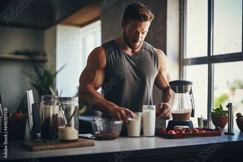 Sporty man preparing protein shake. Generate Ai