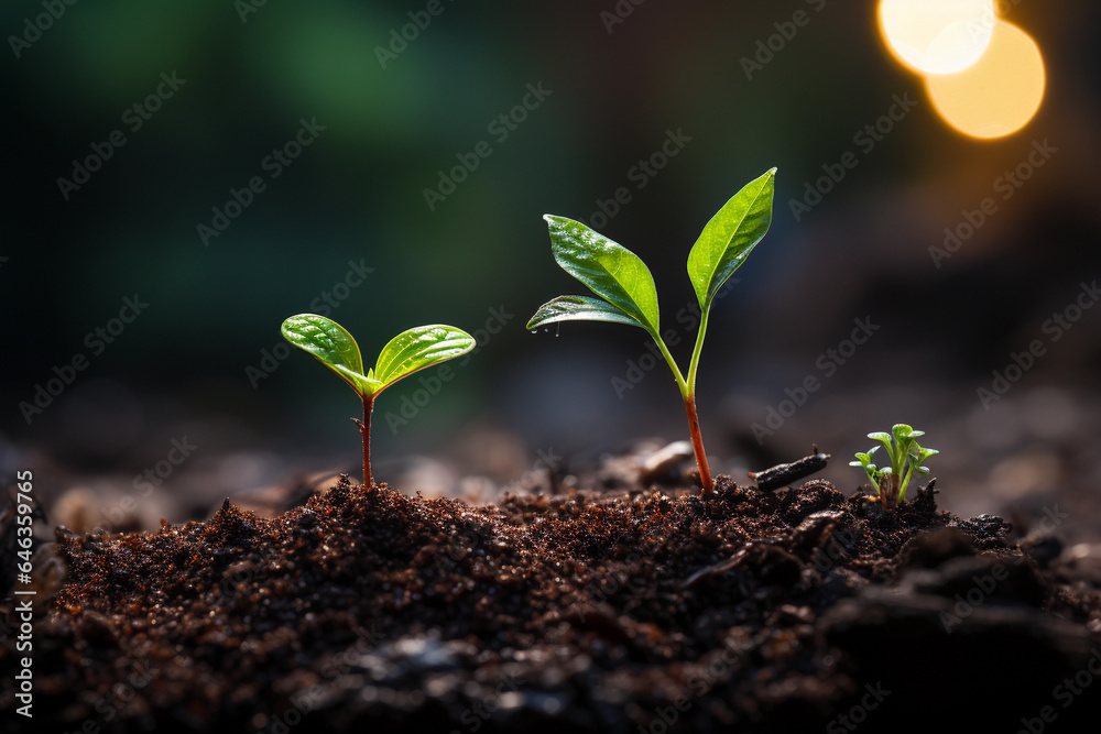Fototapeta premium Small green seedling growing from soil on blurred nature background, Ecology concept