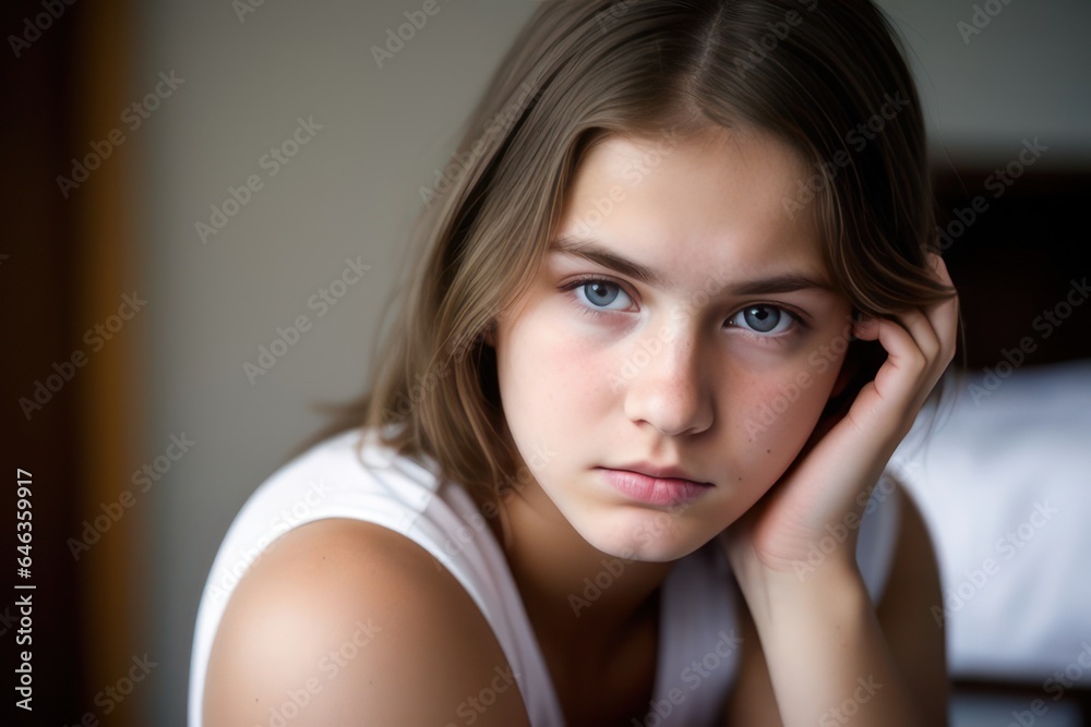 Close-up portrait of sad young girl. Concept of school or home problems. Generative AI Close-up portrait of sad young girl. Concept of school or home problems. Generative AI