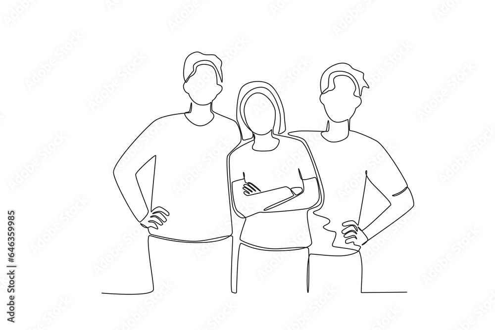Single continuous line drawing of three friends consisting of two men and one woman
