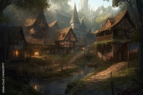 Illustration depicting a medieval village in a fantasy setting. Generative AI